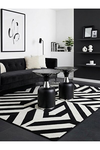 LUXURY VİLLA LUXURY DEKORATIF 2Lİ METAL YAN SEHPA SIYAH MAT VE GÜMÜŞ ÜSTÜ SIY...