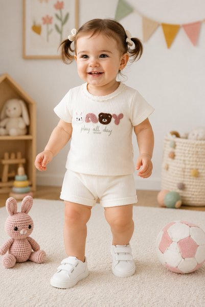 Minelia Kids Baby Girl 100% Cotton Embroidery Detailed Ruffled Collar Shorts Set - Ecru 6-18 Months