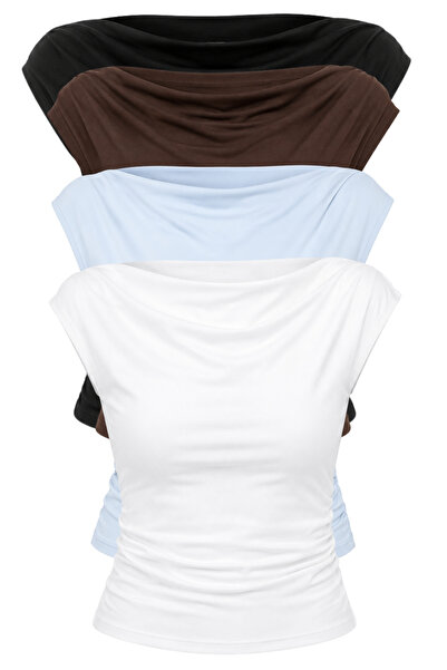 Bianco Lucci Women's Degaje Collar Side Gathered Detailed Lycra Four-Piece Bl...