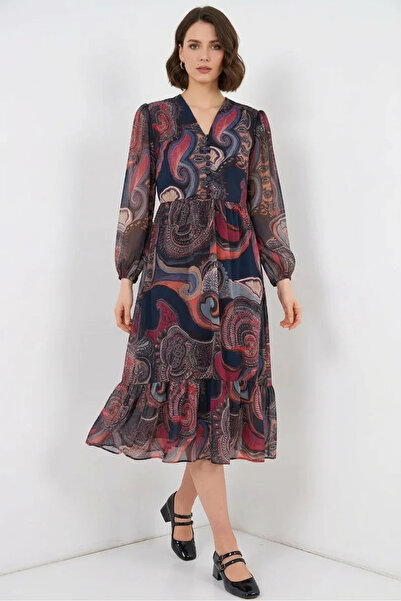 Efnaz style Women's Gathered Waist Patterned Chiffon Multi-Colored Dress