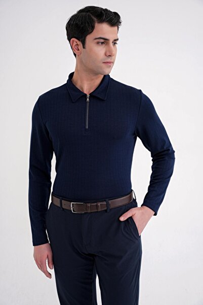Efor Comfort Fit Cotton Zippered Polo Collar Long Sleeve Navy Blue T-Shirt Ts...