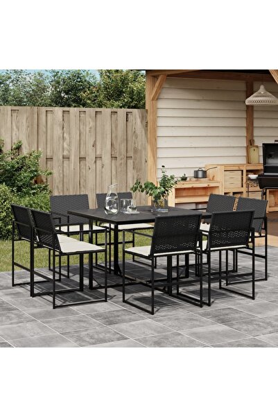 vidaxl Set mobilier de gradina cu perne, 9 piese, negru, poliratan