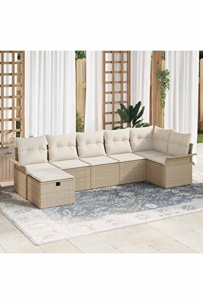vidaxl Set de canapele pentru gradina cu perna 7 pcs Bej Rattan poli