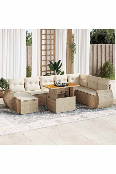 vidaxl Set canapele de gradina, 9 piese, cu perne, bej, poliratan