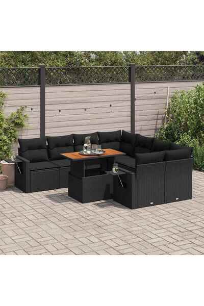 vidaxl Set mobilier de gradina cu perne, 9 piese, negru, poliratan