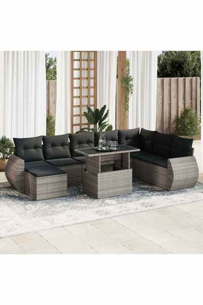 vidaxl Set canapele de gradina, 9 piese, cu perne, gri, poliratan