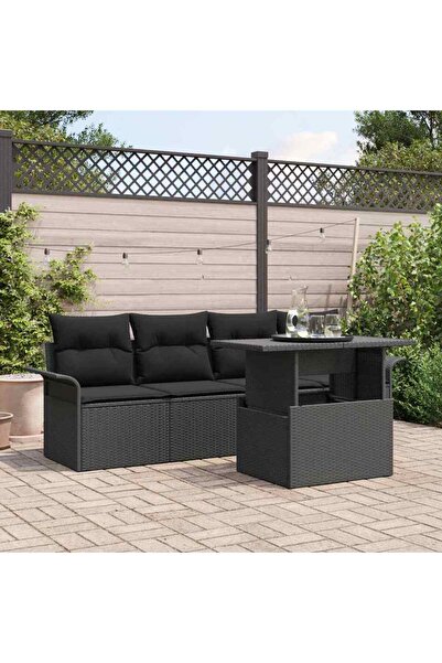 vidaxl Set de canapele pentru gradina cu perna 5 pcs Negru poliratan