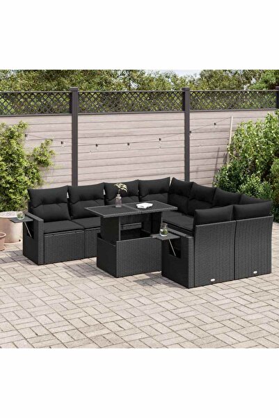 vidaxl Set mobilier de gradina cu perne, 9 piese, negru, poliratan