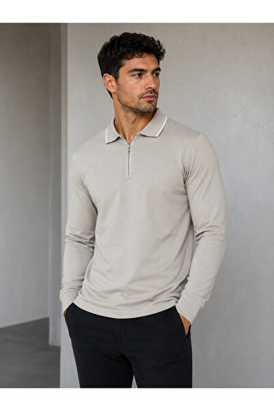 brz braazi Beige Men's Half-Zip Polo Collar Ribbed Oysho Sweatshirt