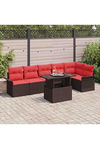 vidaxl Set de canapele pentru gradina cu perna 7 pcs Maro Rattan poli
