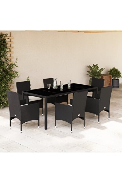 vidaxl Set mobilier de gradina cu perne 7 piese negru poliratan&sticla