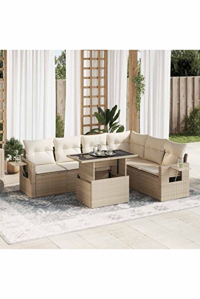 vidaxl Set canapele de gradina, 7 piese, cu perne, bej, poliratan