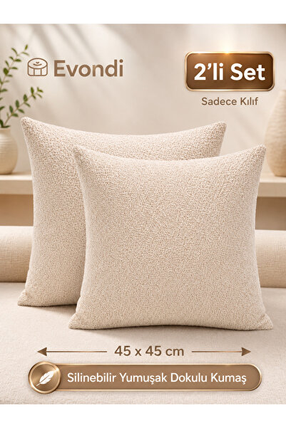 Evondi 2’li 45x45 Açık Vizon Kırlent Kılıfı - Silinebilir Yumuşak Dokulu Kumaş