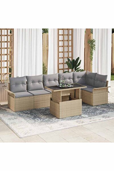 vidaxl Set de canapele pentru gradina cu perna 7 pcs Bej poliratan