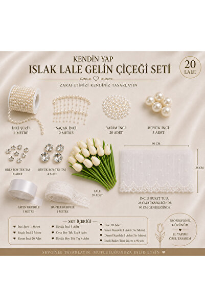 Bioren Islak Lale (20 Adet) Premium Kendin Yap, Kendin Tasarlı Gelin Buketi S...