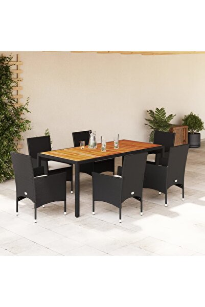 vidaxl Set mobilier gradina perne 7 piese negru poliratan/lemn acacia
