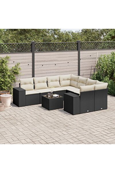 vidaxl Set mobilier de gradina cu perne, 9 piese, negru, poliratan