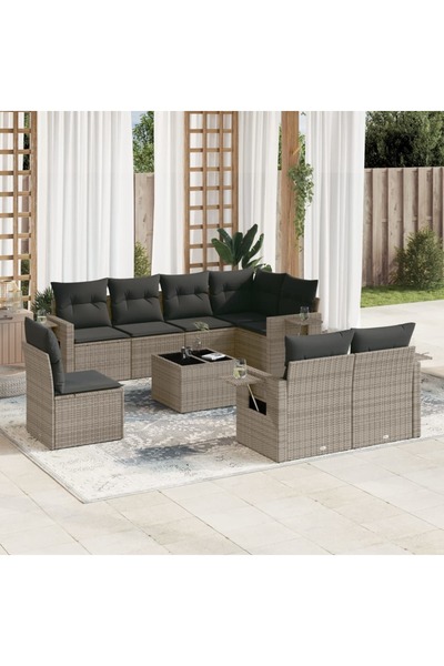 vidaxl Set canapele de gradina, 9 piese, cu perne, gri, poliratan