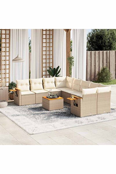vidaxl Set canapele de gradina, 9 piese, cu perne, bej, poliratan