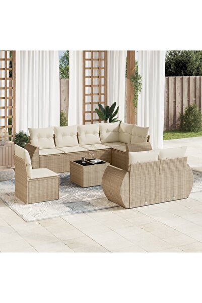 vidaxl Set canapele de gradina, 9 piese, cu perne, bej, poliratan