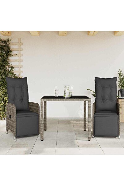 vidaxl Set bistro de gradina cu perne, 3 piese, gri, poliratan