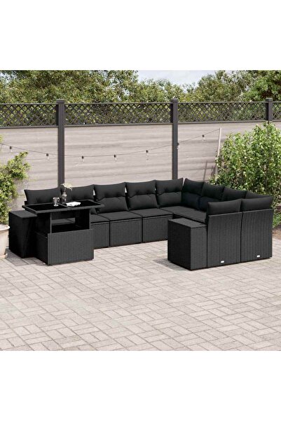 vidaxl Set canapele de gradina cu perne, 10 piese, negru, poliratan