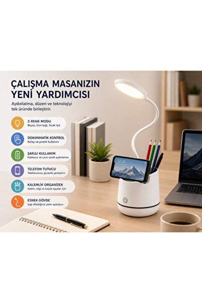 SMAYLİNG Şarjlı LED Masa Lambası Dokunmatik 3 Modlu Telefon Tutuculu Kalemlik...