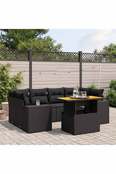 vidaxl Set canapele de gradina cu perne, 7 piese, negru, poliratan