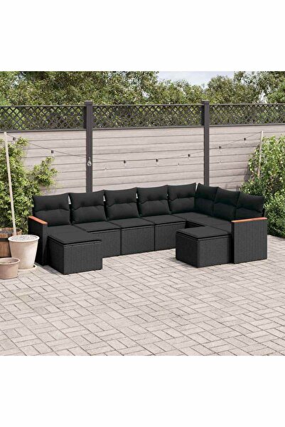 vidaxl Set mobilier de gradina cu perne, 9 piese, negru, poliratan