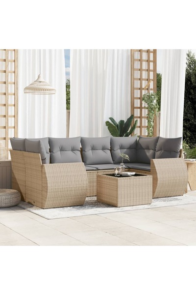 vidaxl Set canapele de gradina, 7 piese, cu perne, bej, poliratan