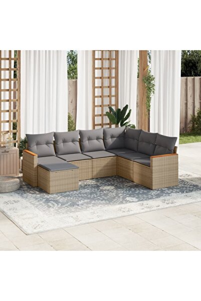 vidaxl Set canapele de gradina, 7 piese, cu perne, bej, poliratan