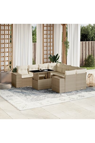 vidaxl Set canapele de gradina, 9 piese, cu perne, bej, poliratan