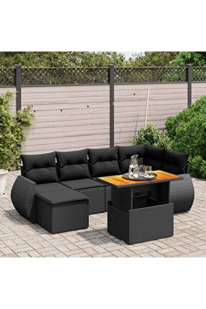 vidaxl Set canapele de gradina cu perne, 7 piese, negru, poliratan