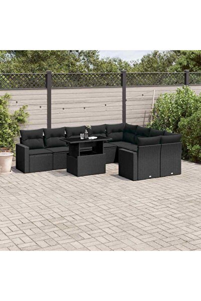 vidaxl Set canapele de gradina cu perne, 10 piese, negru, poliratan