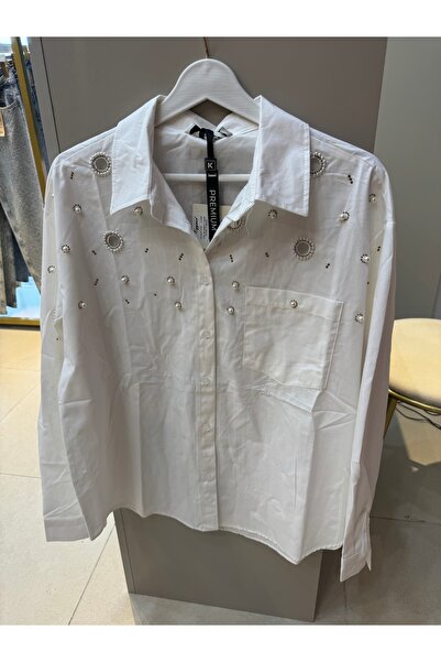Butik Beyaz gömlek taşlı incili delikli cepli poplin