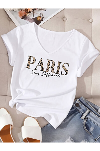 BUWOM Γυναικείο μπλουζάκι Paris Stay με στάμπα και λαιμόκοψη V