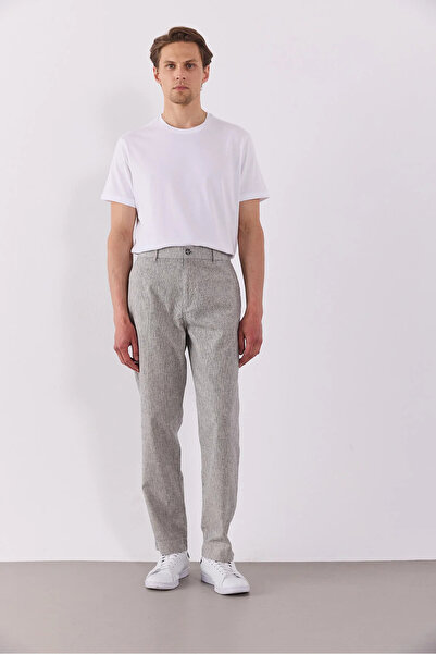 VENA Men's Ken Elastic Waist Lycra Linen Chino Trousers - Navy Blue Striped