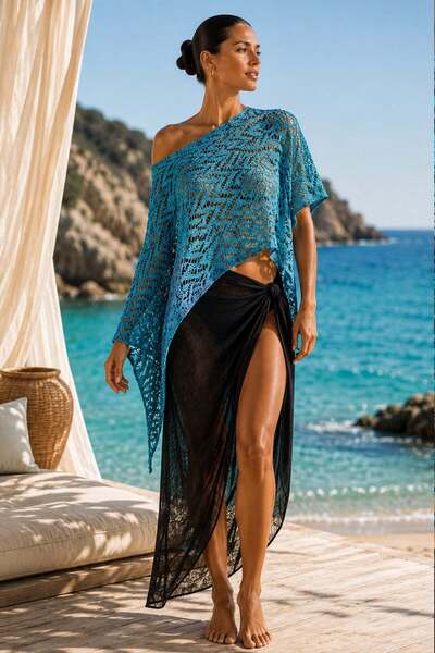 Ferraro Turquoise Madonna Collar Transparent Knitwear Pareo Poncho