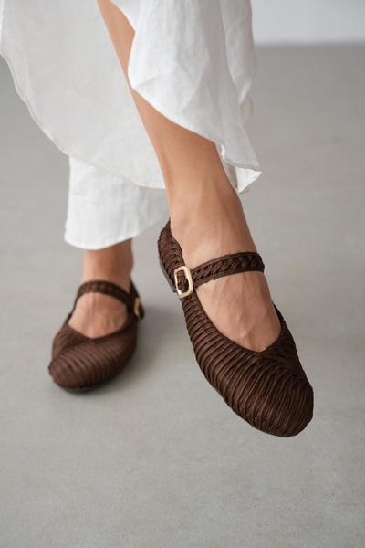 Plaid Knit Detail Buckle Women's Flats- BROWN