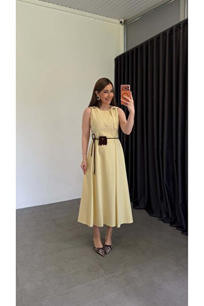 elif teke Bag Belted Tencel Dress Yellow