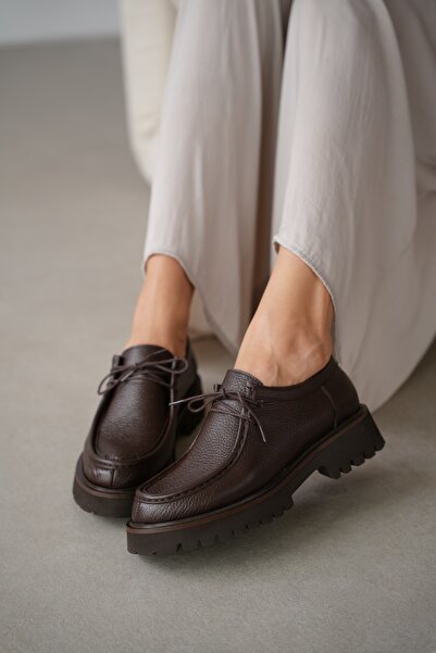 selin shoes Orsel Hakiki Deri Bağcıklı Kadın Loafer- KAHVERENGİ