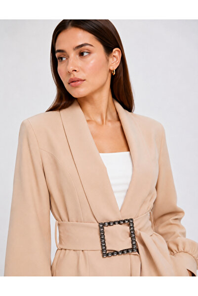 Mys Collection Taş Tokalı Kuşak Detaylı Kadın Blazer Ceket Bej