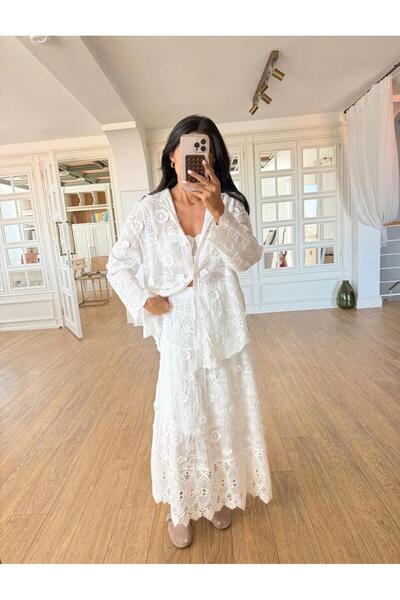 SEVA TEKSTİL Imported Fabric Lace Guipure Skirt Shirt Premium Set