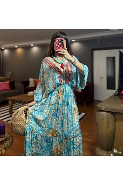 moda gk Boncuk/Nakış Detaylı Parlak Desenli Bohem İpek Elbise