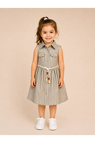 BENBİLGE Belt Detailed Marine Striped Shirt Collar Girls' Dress