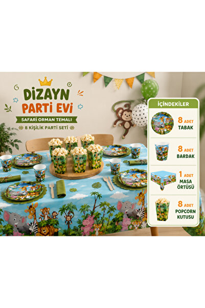 Dizayn Parti Evi Safari Orman Temalı 8 Kişilik Doğum Günü Parti Seti – 8 Taba...