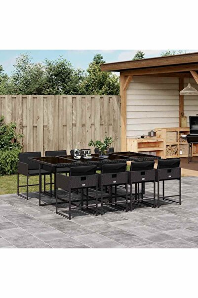 vidaxl Set mobilier de gradina cu perne, 9 piese, negru, poliratan