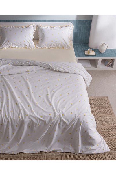 Madame Coco Nelly Double Size 100% Cotton Ruffled Printed Bed Sheet and Duvet Cover Set - White/Yellow