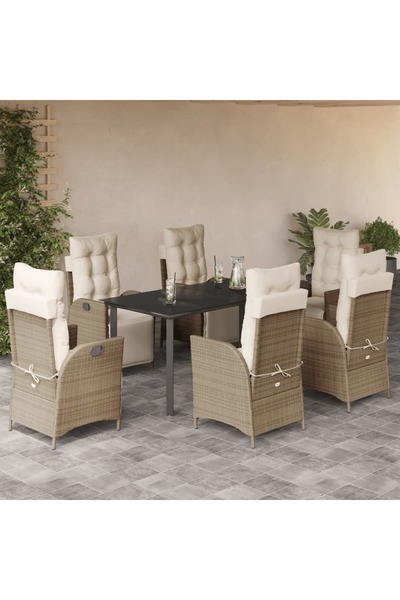 vidaxl 7-piece garden table set with cushions, beige, polyrattan