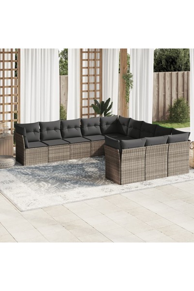 vidaxl Garden sofa set with cushions, 11 pieces, grey, polyrattan